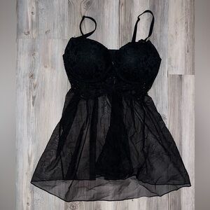 Victoria's Secret Babydoll Nightie Mesh Lace Padded Cups Adjustable Black Sz 36C